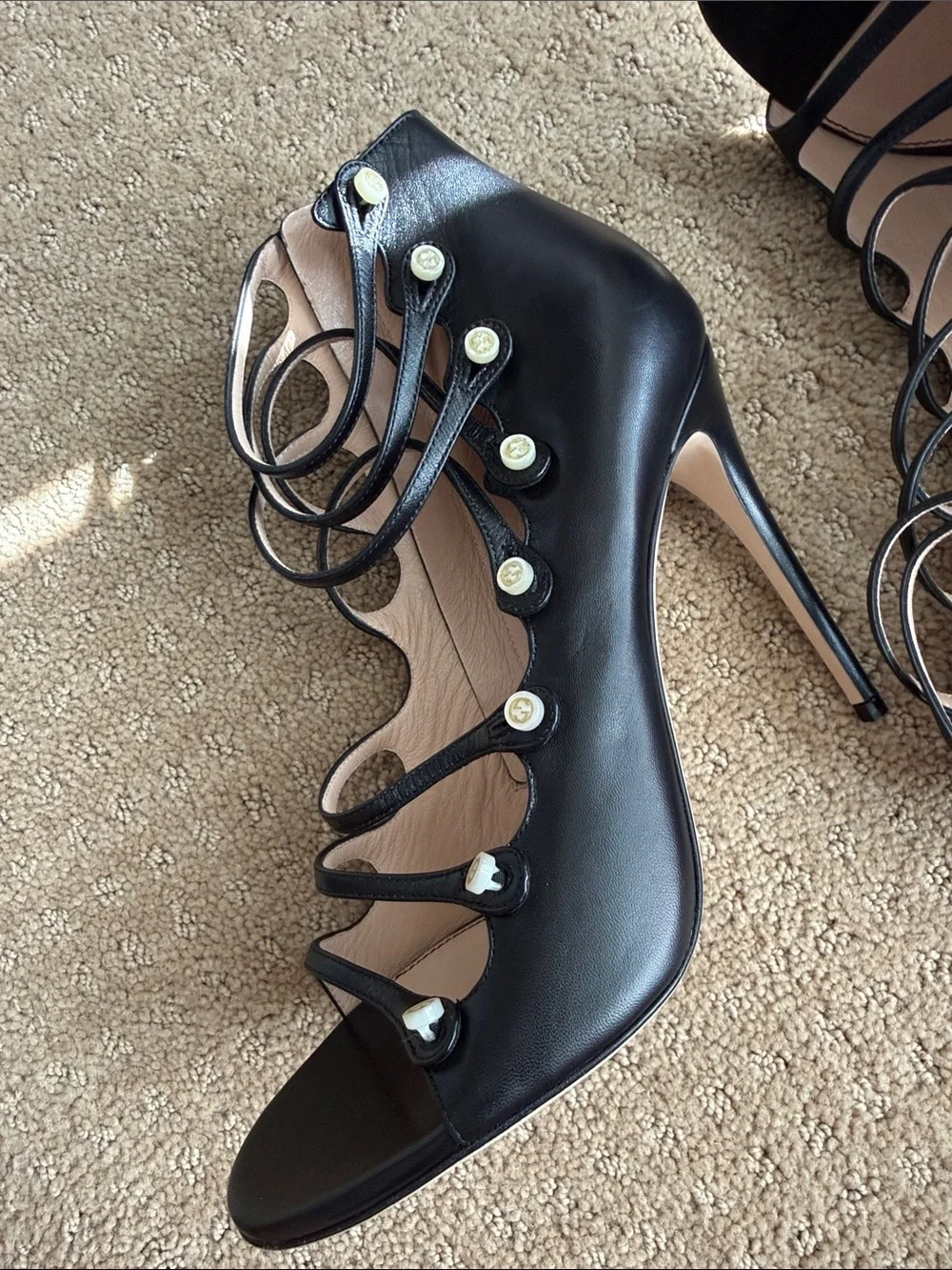 Gucci Aneta Black Caged Peep Toe Stiletto Heels